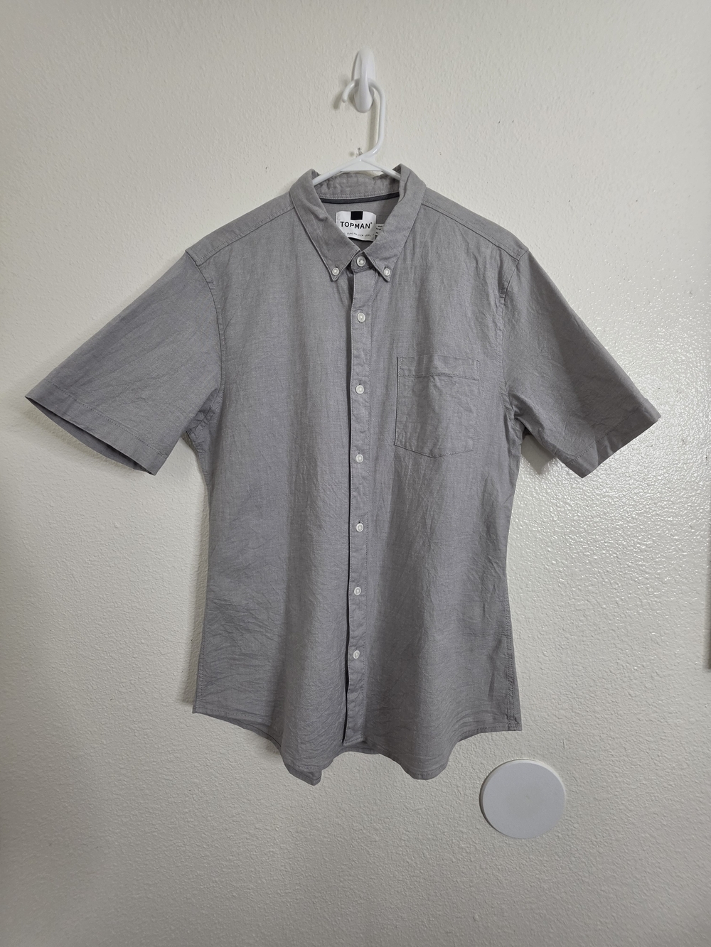 Topman Mens XL Grey Short Sleeve Button Down Shirt Stretch Oxford Pocket